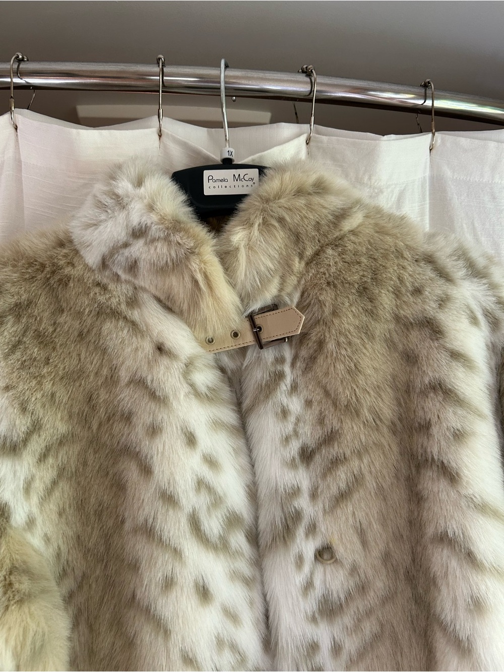 Pamela McCoy Taupe and Cream Faux Fur Coat with Buckle
